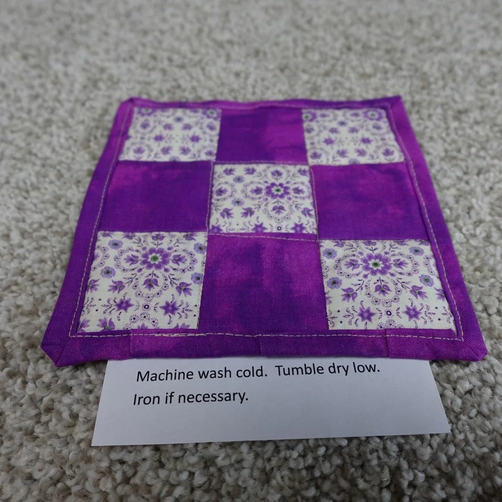 Handmade Quilted Purple Floral 9 Patch Mug Rug Cotton Coaster 6x6 Inch